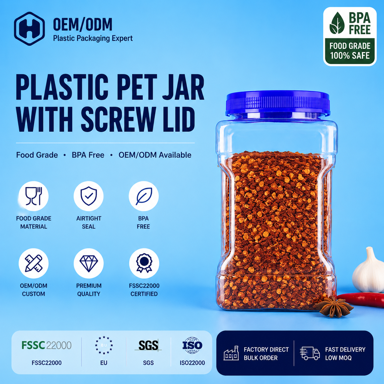 Food Grade Clear Pet Square Girp Jars Manufacturer For Dry Spice Pepper Herbs Seasoning