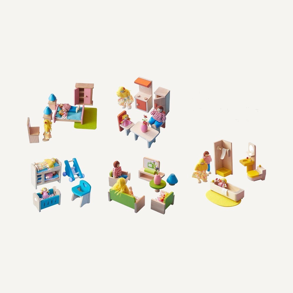 Wooden Dollhouse Furniture and Family Play Set