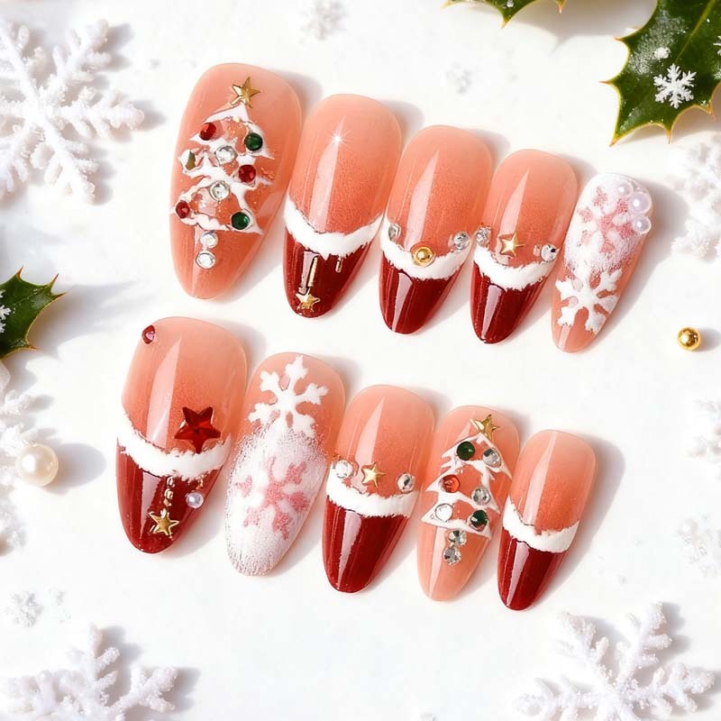 Wholesale 3D Christmas Holiday Press On Nails Medium Almond Red French Snowflake