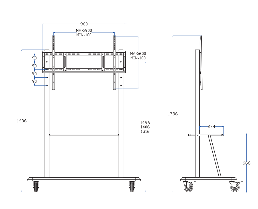 Height Adjustable Mobile TV Cart Stand for 65