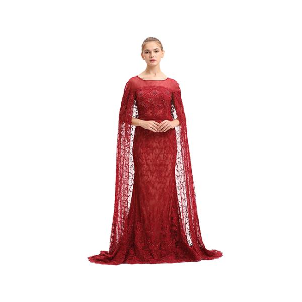 Big Red Embroidery Lace Arabic Maxi Wedding Bridesmaid Dresses Floor Length