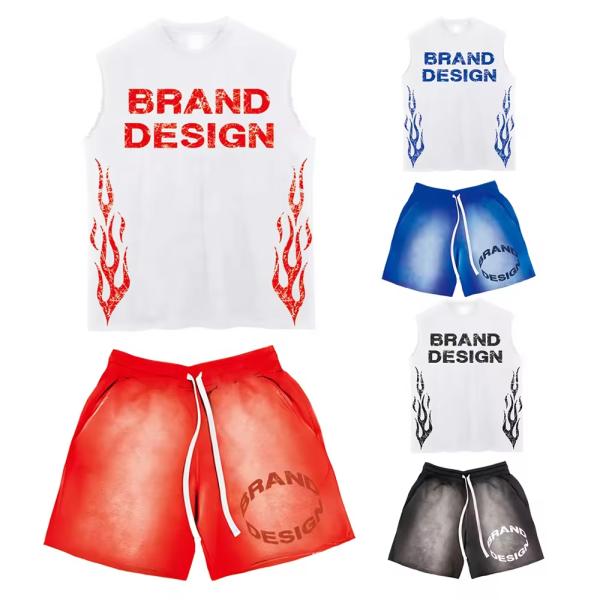 Acid Wash Short Set Vintage Streetwear Impresión de pantalla Drop Shoulder Baño de algodón T-shirt masculino Conjuntos de camisetas sin mangas y pantalones cortos