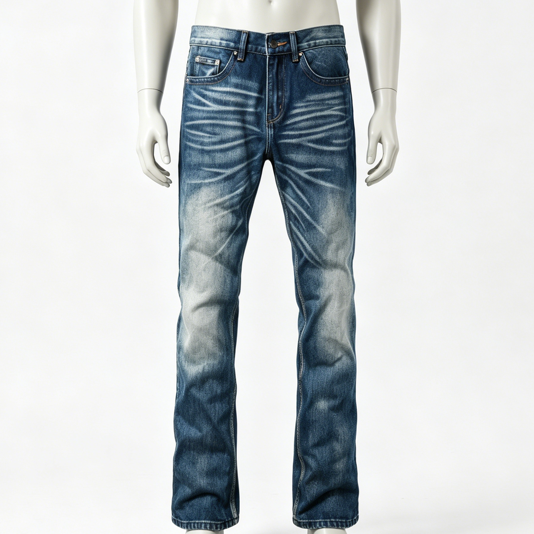 Vintage Washed Men's Jeans Flare Mid Rise Jeans With Whisker Detailing