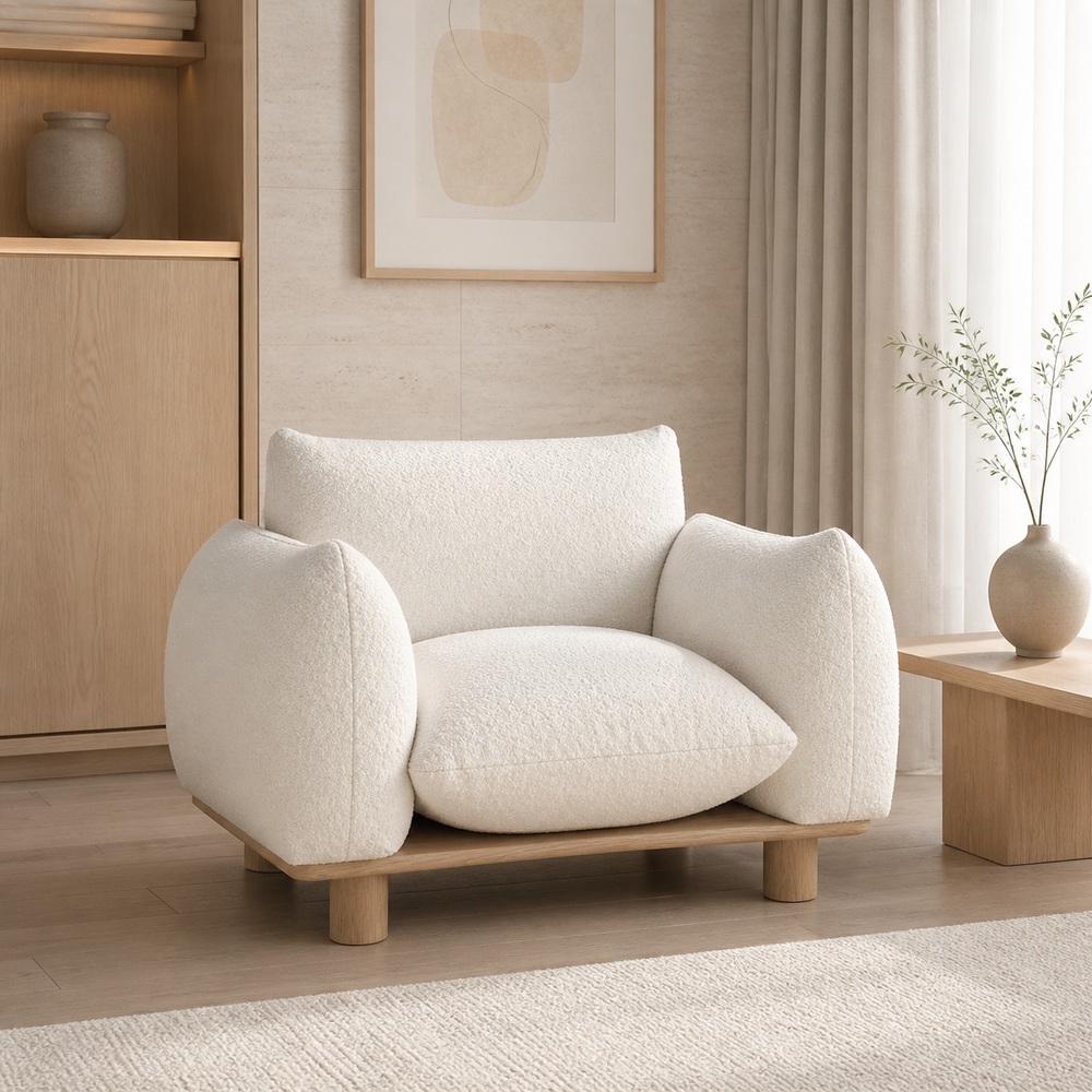 Scandinavian Boucle Lounge Chair with Solid Wood Platform SF-001A