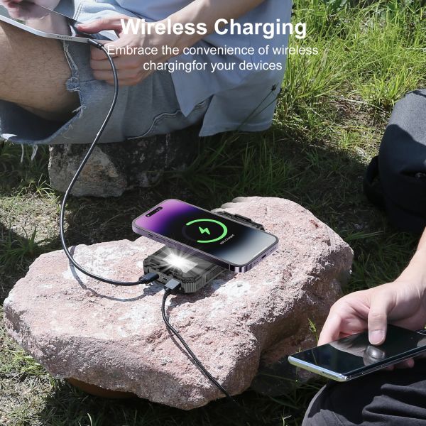 Solar Wired Power Bank 10000mAh Portable Wireless Charger Outdoor Battery Fast Charging
