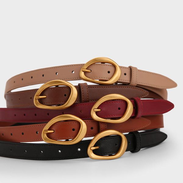 Thin Adjustable Belt Genuine Leather Belts for Women Matte Gold Oval Buckle Belts for Dresses