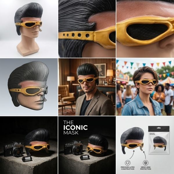 Retro Rockabilly Pompadour Latex Mask with Gold Goggles - Cool 50s Grease Style Full Headpiece for Adult Cosplay Party Props