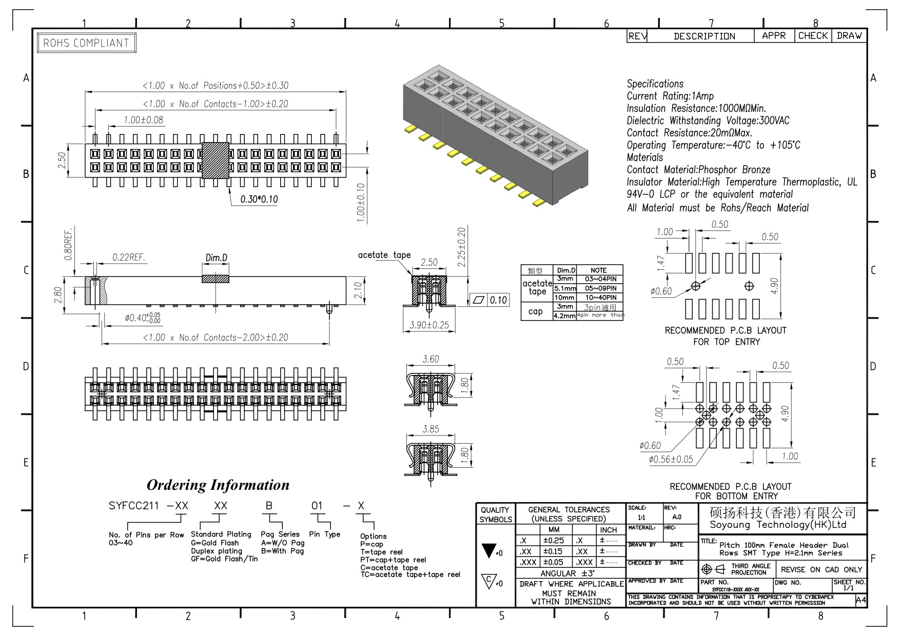 соединитель 2*3PIN заголовка Pin двойной строки 1.00mm женский к 2*40PIN