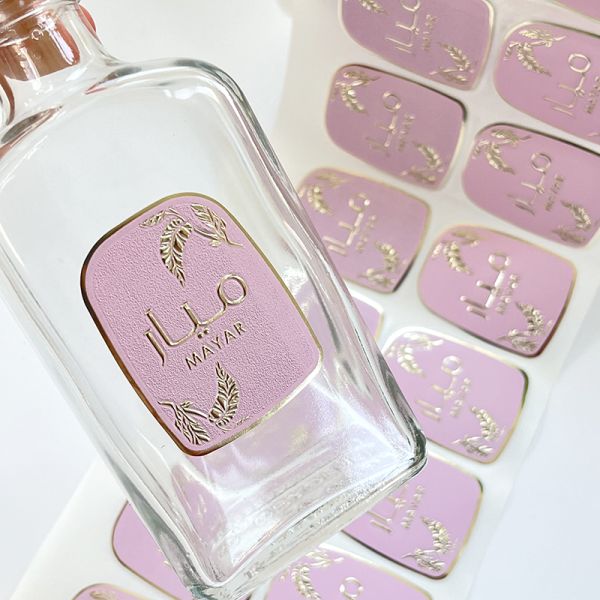 Custom Embossed Logo Gold Aluminum Stamping Pink Sticker 50ml Candle Sticker Perfume Glass Bottle Label Sticker 3d 2025