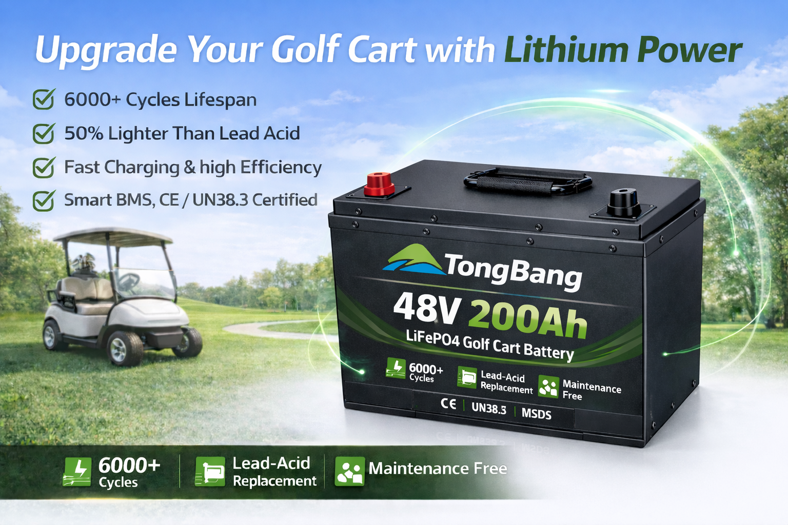 48V 200Ah LiFePO4 Golf Cart Battery High Capacity Lithium Battery for Long Range Heavy Duty