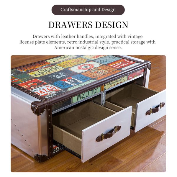Nidea #8657 Industrial Style Aluminum License Plate Vintage Handmade Durable Coffee Table Cabinet 2 Drawers for Whisky 