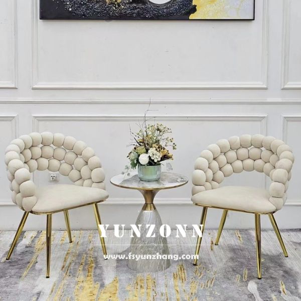 Wholesale Modern Style Gold Metal Legs Hotel Armchair Upholstered Beige Velvet Fabric Pompom Dining Chair