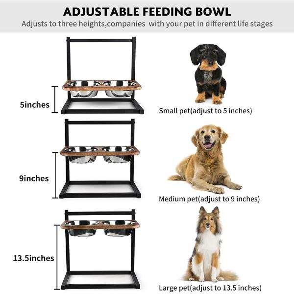 Dog Cat Food Bowls Raised Dog Bowl Stand Feeder Adjustable Elevated 3 Heights 5in 9in 13in with Stainless Steel Bowl