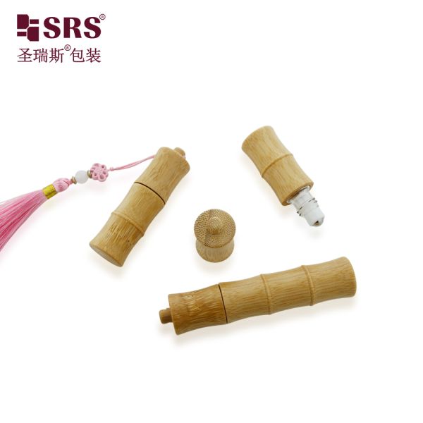 BG-5ML 10ML Unique Design Bamboo Glass Perfume Roll On Bottle With Hook Key Chain