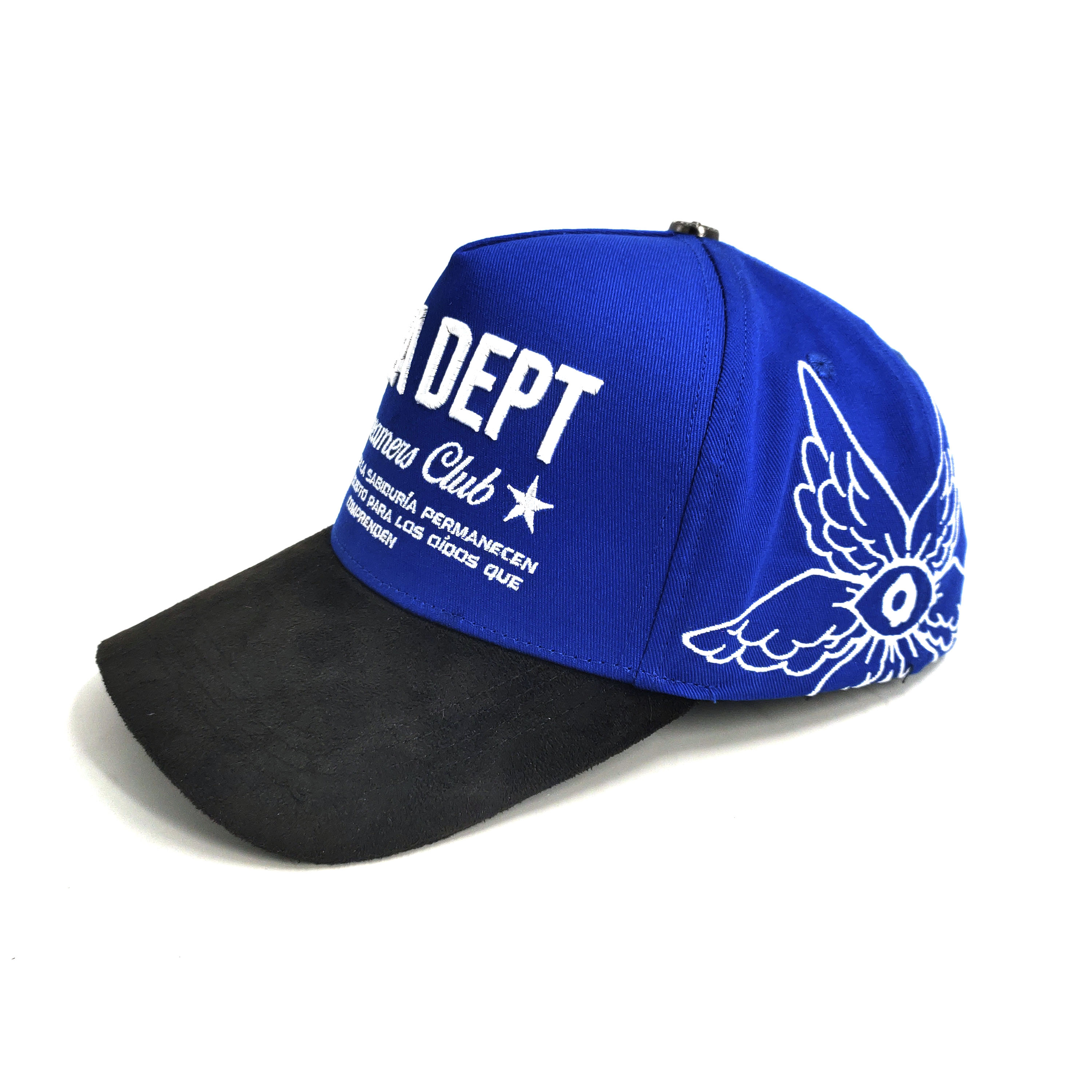 5 Panel High Crown Black Suede Custom Hats Baseball Cap PVC Tag Metal Top Button Gorras