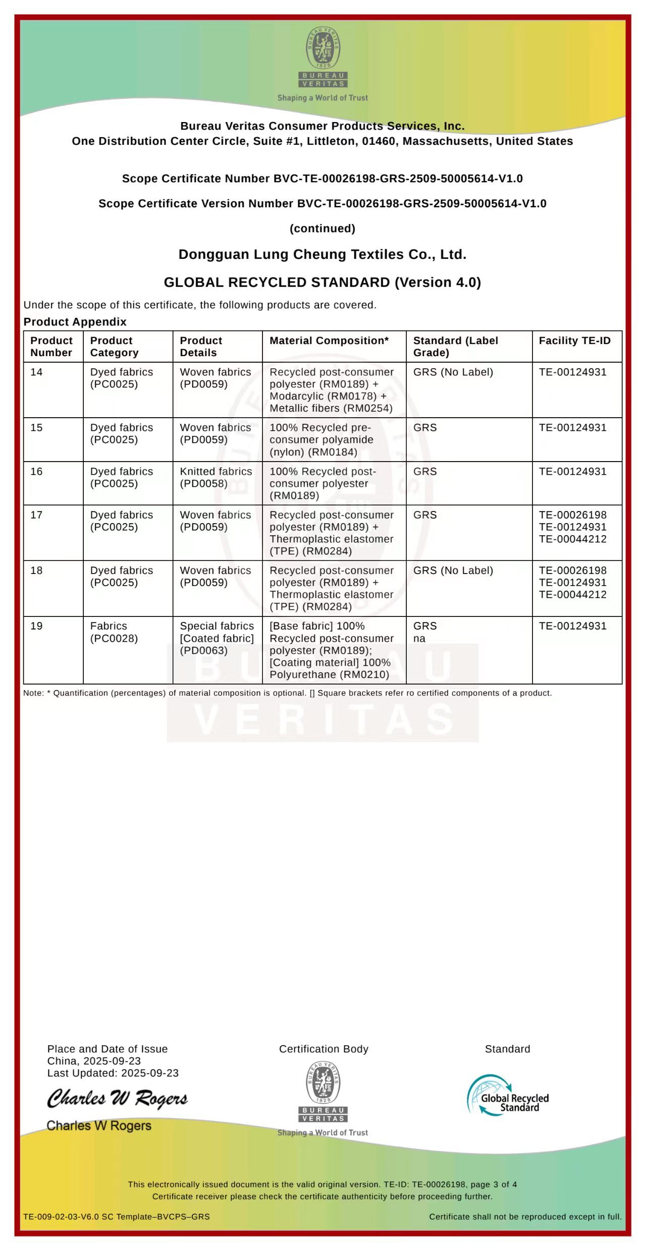 Dongguan Longxiang Textile Products Co., Ltd. Certifications