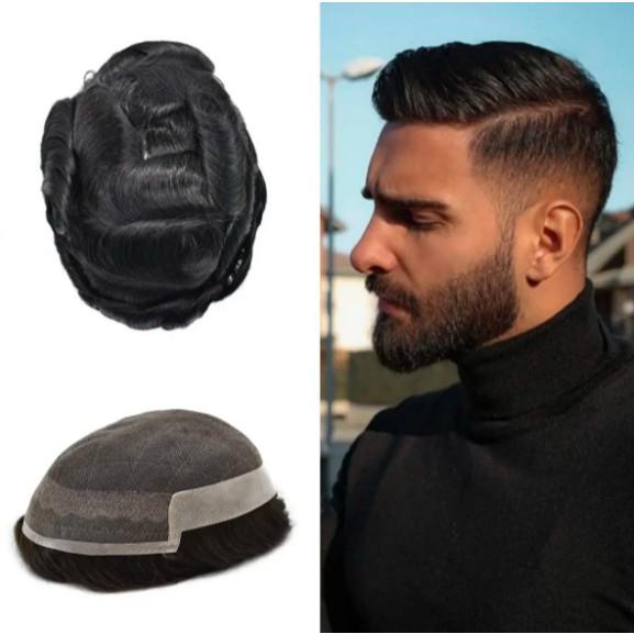 Mens Toupee French Lace Front Hairpiece Poly Skin PU Hair System Replacement OCT Wig