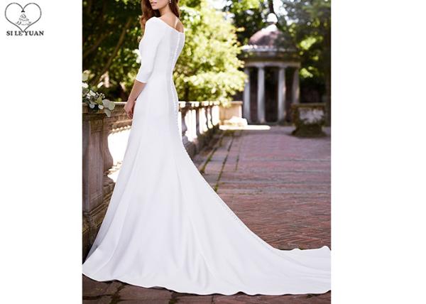 White Mermaid Long Tail Bridal Gown Long Sleeve Back Zipper With Buttons