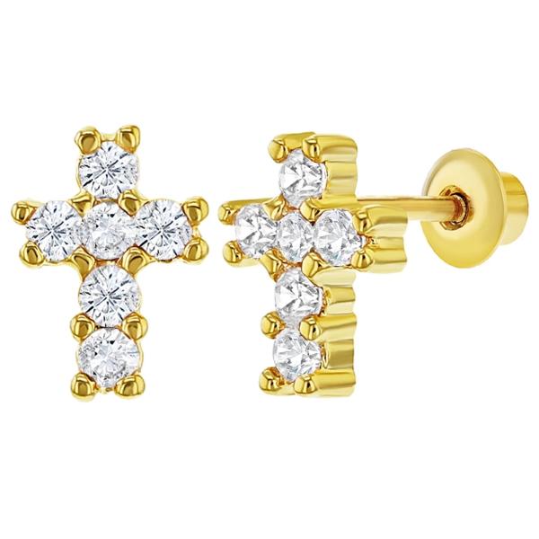 Mini Cross 18K Gold Baby Screw Back 925 Sterling Silver Stud Earrings with White CZ Stone