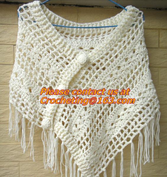 White Fringe Crochet Cape Poncho Shawl Wrap Jacket Granny Square Pattern Hippie Clothing