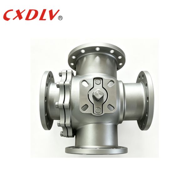 4 Way Flanged Connection Ball Valve PN16 RF Stainless Steel Body PTFE Seat With ISO5211 Mounting Pad