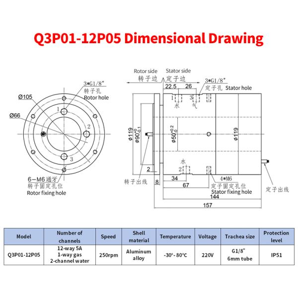 Anti-High Frequency Interference Gas-Electric-Water Hybrid Slip Ring with 45# Steel Air Shaft and 12-Way 5A Electrical Channels