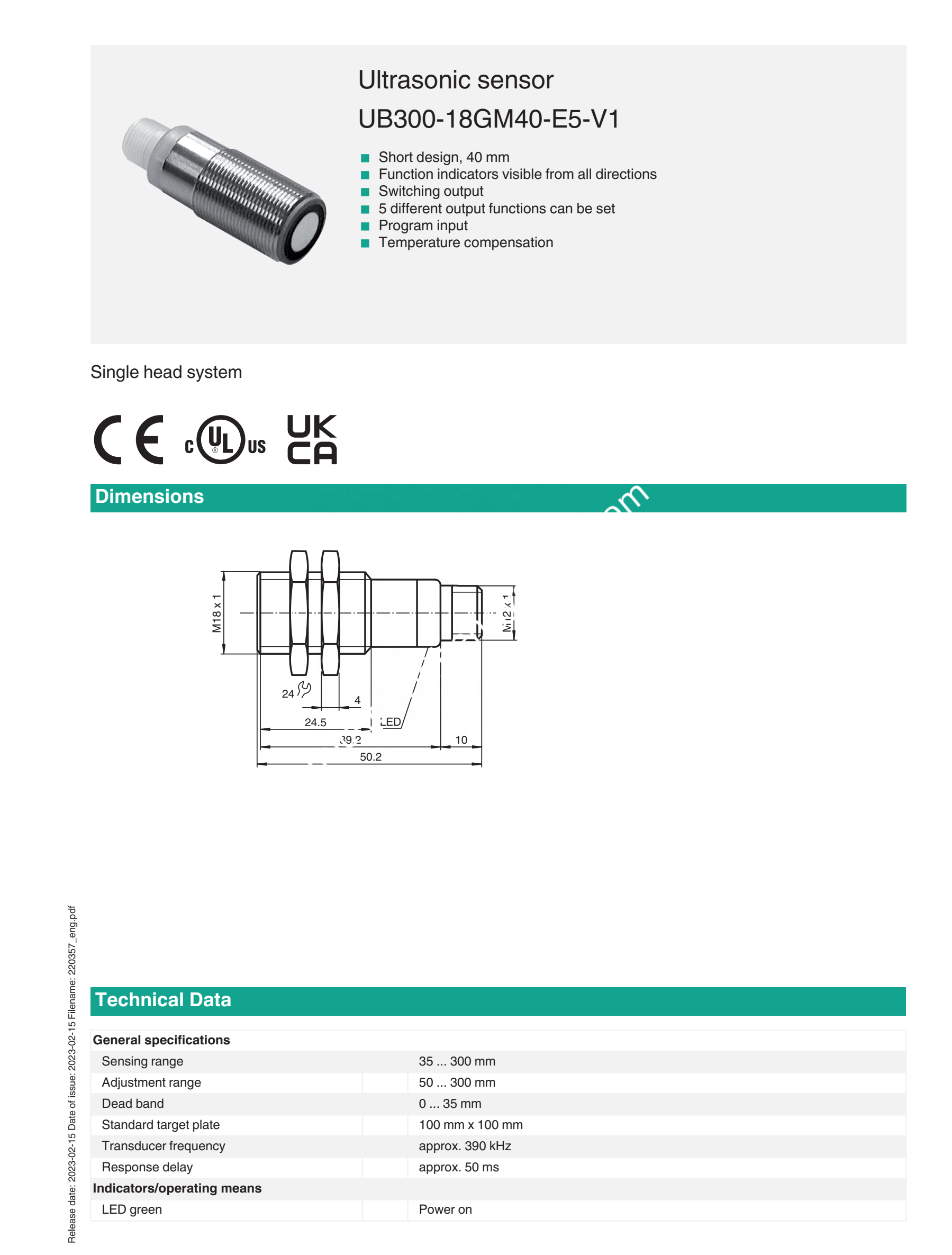 PEPPERL+FUCHS Ultrasonic Sensor UB300-18GM40-E5-V1 with Stainless Steel Construction for Industrial Automation and Universal Motor Type