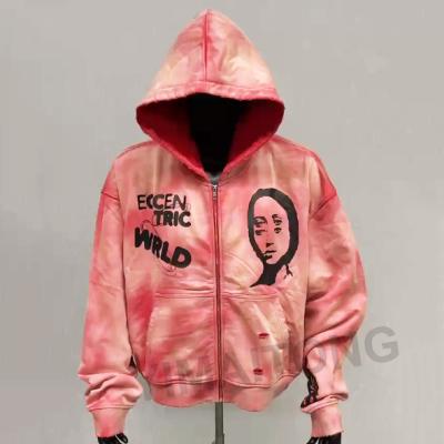 Men's Vintage Acid Wash Sun Faded Distressed Hoodie with Big Hood and Zip Up French Terry Streetwear