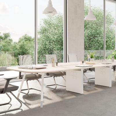 Mesa de conferências de escritório moderna de madeira com cor branca e superfície de mesa de aço revestida com pó