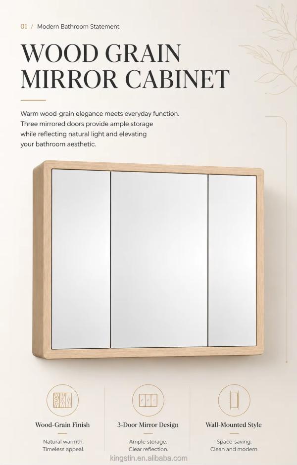 Kingstin Durable ABS Bathroom Mirror Cabinet, 3-Door Wall-Mounted Storage with Custom Size for Hotel Projects