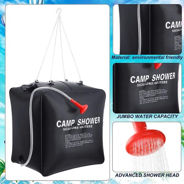 10 Gallons/ 40L Solar Camping Showers with Hot Water Portable Camping Shower Bag Removable Hose Shower Nylon Ropes