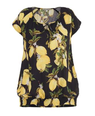 Ladies Lemon Printed Short Sleeve Summer Blouses With Elastic Hem All Size