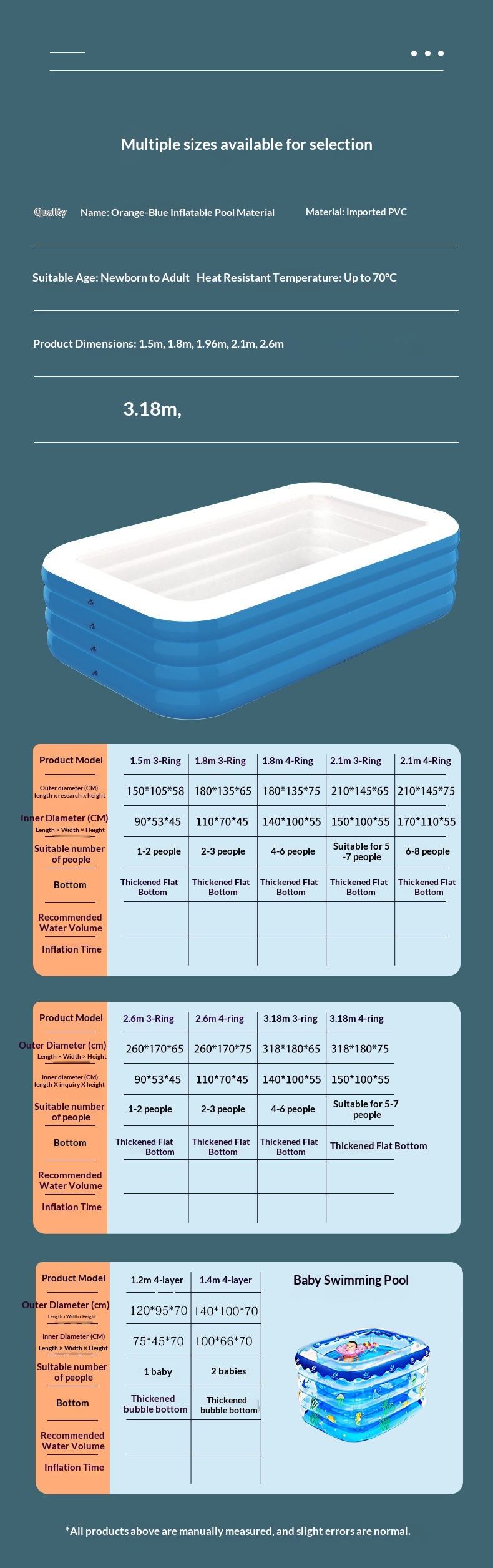 Inflatable Swimming Pool Factory Wholesale New Blue White 3-Meter 3-Layer Rectangular PVC Adults Children Infants Home Use