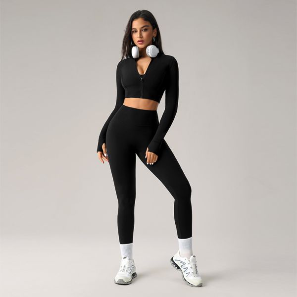 Cropped Long Sleeve Zip Up Yoga Jacket High Waisted Leggings Set Full Coverage Navy Blue