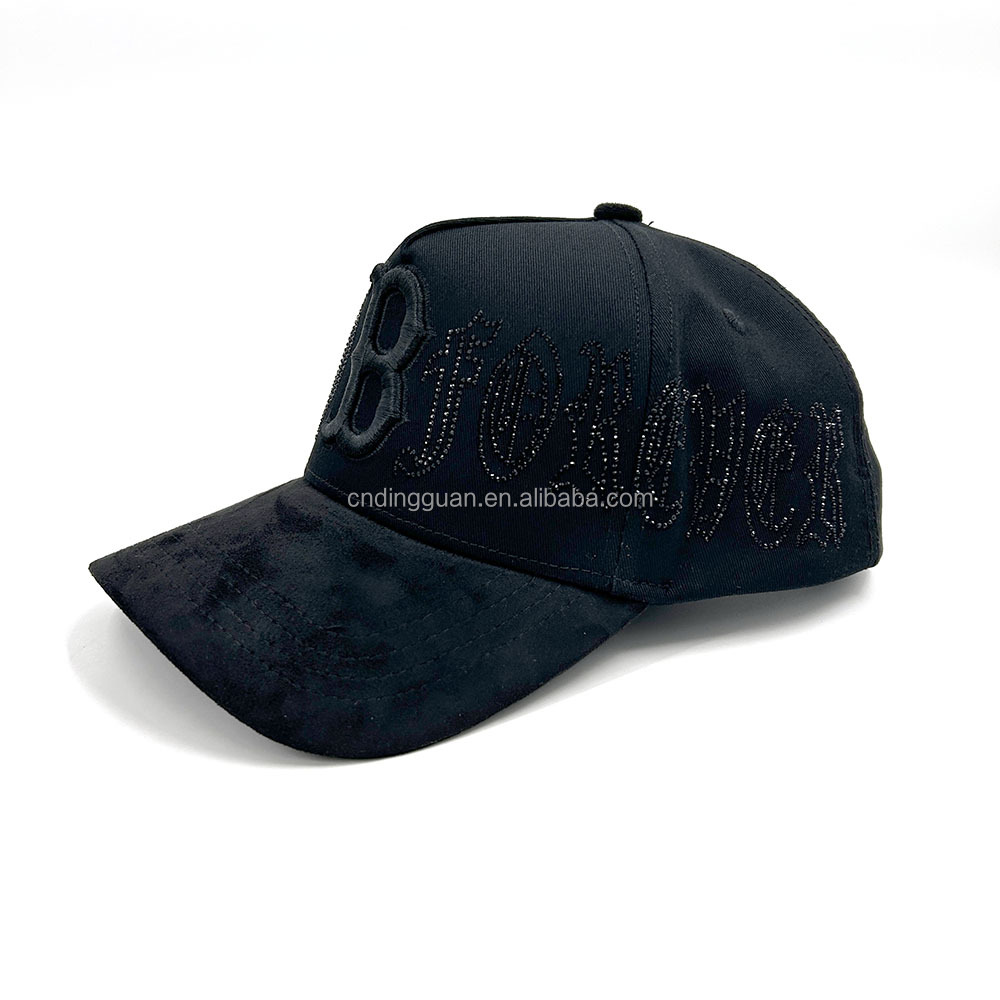 Suede 5 Panel Custom Hats Baseball Cap 3D Embroidery Rhinestone Accent Gorras