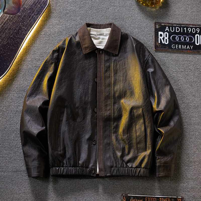 Daily Windproof Fabric Hem faux leather jacket wholesale Black Brown Long Sleeve Custom (YY-3298)