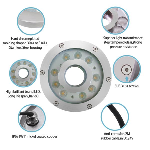 DC24V DMX LED Fountain Ring Light RGB IP68 Waterproof 9W 18W 27W 3In1 For Pond Lighting