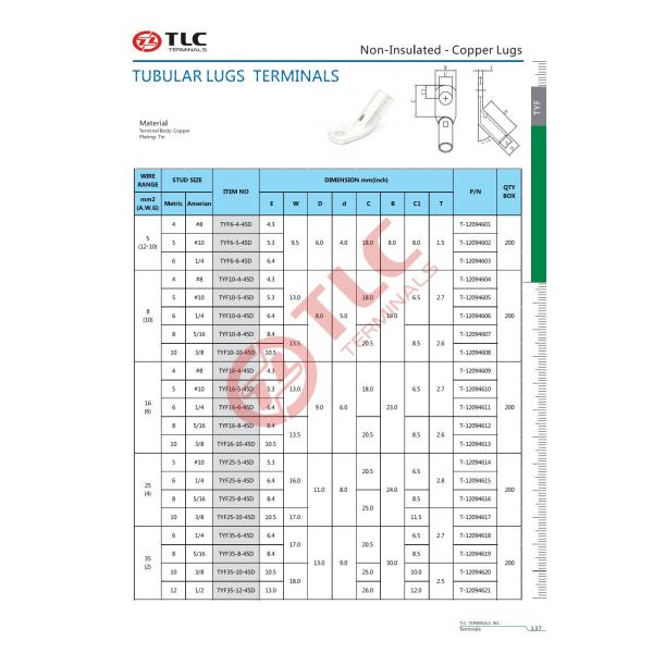 5-35mm2 45D Electrical Connections With Silver Color Tin Plated Copper Tube Terminals Lug