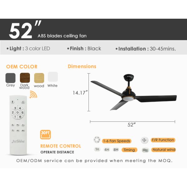 Certificado ETL 1stshine Ventilador de teto LED em cor preta com material ABS de metal remoto