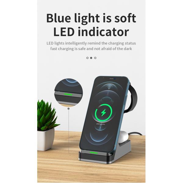 3 In1 Fast Qi Wireless Charger Holder 15w Magnetic Charger for Mobile Phone Iwatch Custom Led Logo and 5V/2A Output