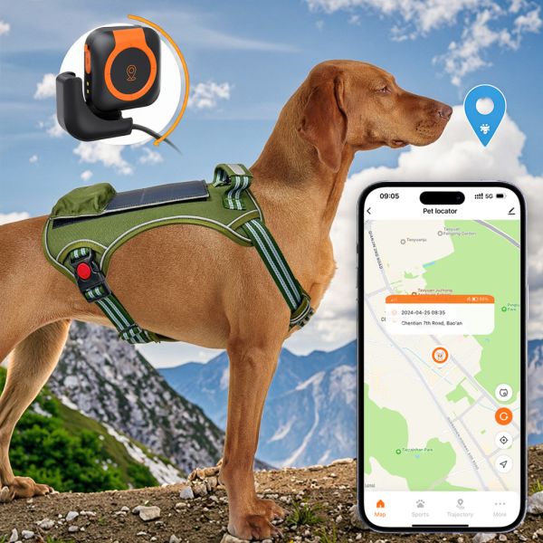 Solar Powered Rechargeable Pet GPS Tracker with GPRS Real-Time Tracking IP67 Waterproof Outdoor Dog Health Monitor Nylon Collar