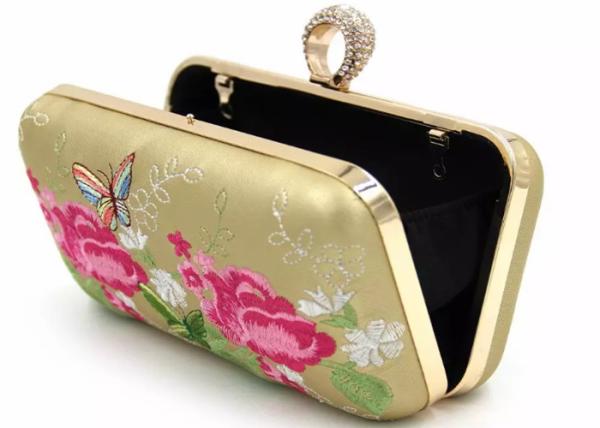 Gold PU Leather Embroidered Evening Bag Crossbody Multi Flower For Women