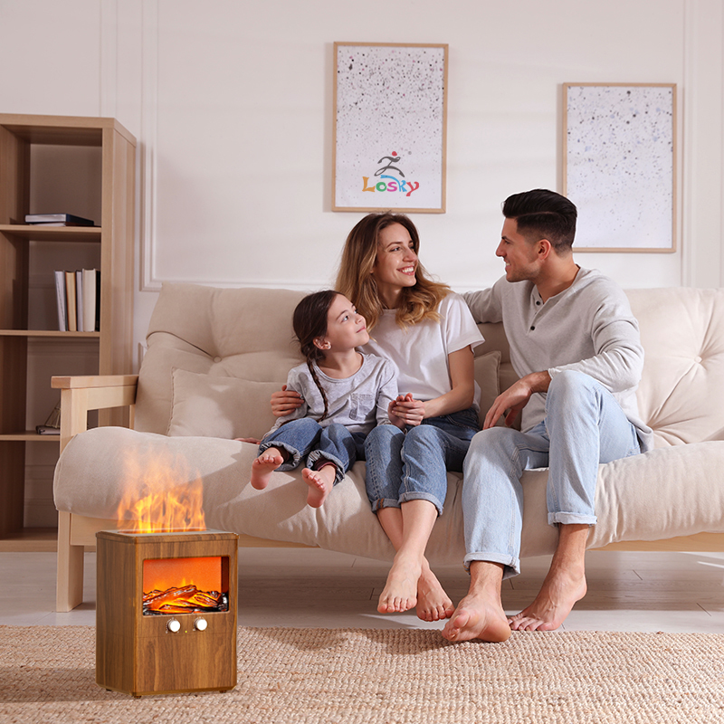 Portable 3L Electric Cool Mist Ultrasonic Humidifier with Wooden Grain Design and Flame Light for Household