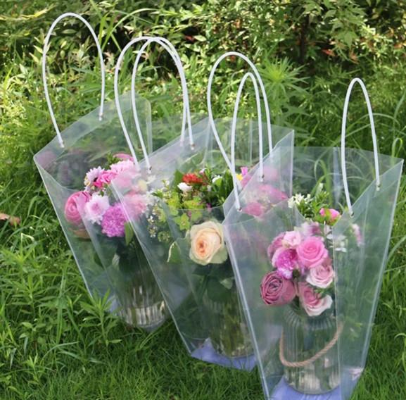 PVC Transparent Gift Bag Custom Plastic Handbag Flower Hand Basket Packing Bag