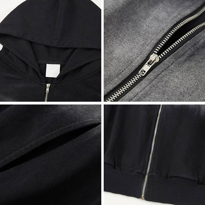 380GSM Men's Heavyweight Hoodie Gradient Vintage Wash Full Zip Hooded Jacket Oversized