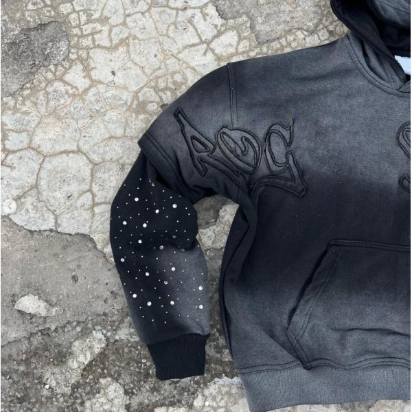 Custom Washed Sun Faded Distressed Mens Cropped Cotton Terry Heavyweight 420 Gsm Zip Up Rivet Studded Rhinestone Hoodie