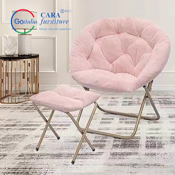 70011 Simple Style Round Shape Pink Metal Leg Space Saving Foldable Moon Chair Folding