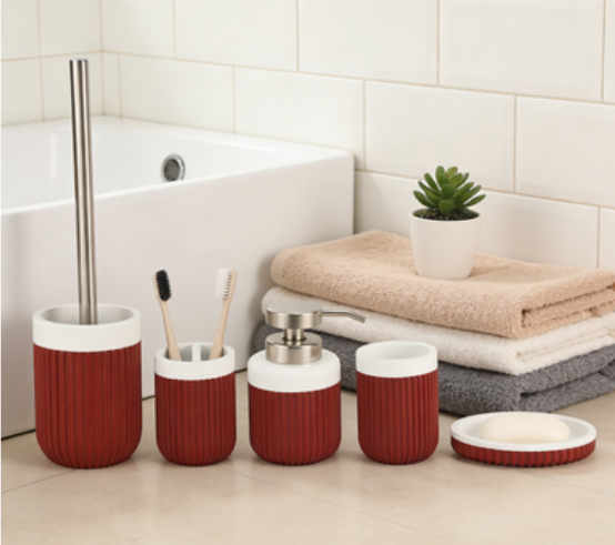 Resin bathroom set round with vertical stripe modern polyresin soap dispenser for hotel bathroom accessories