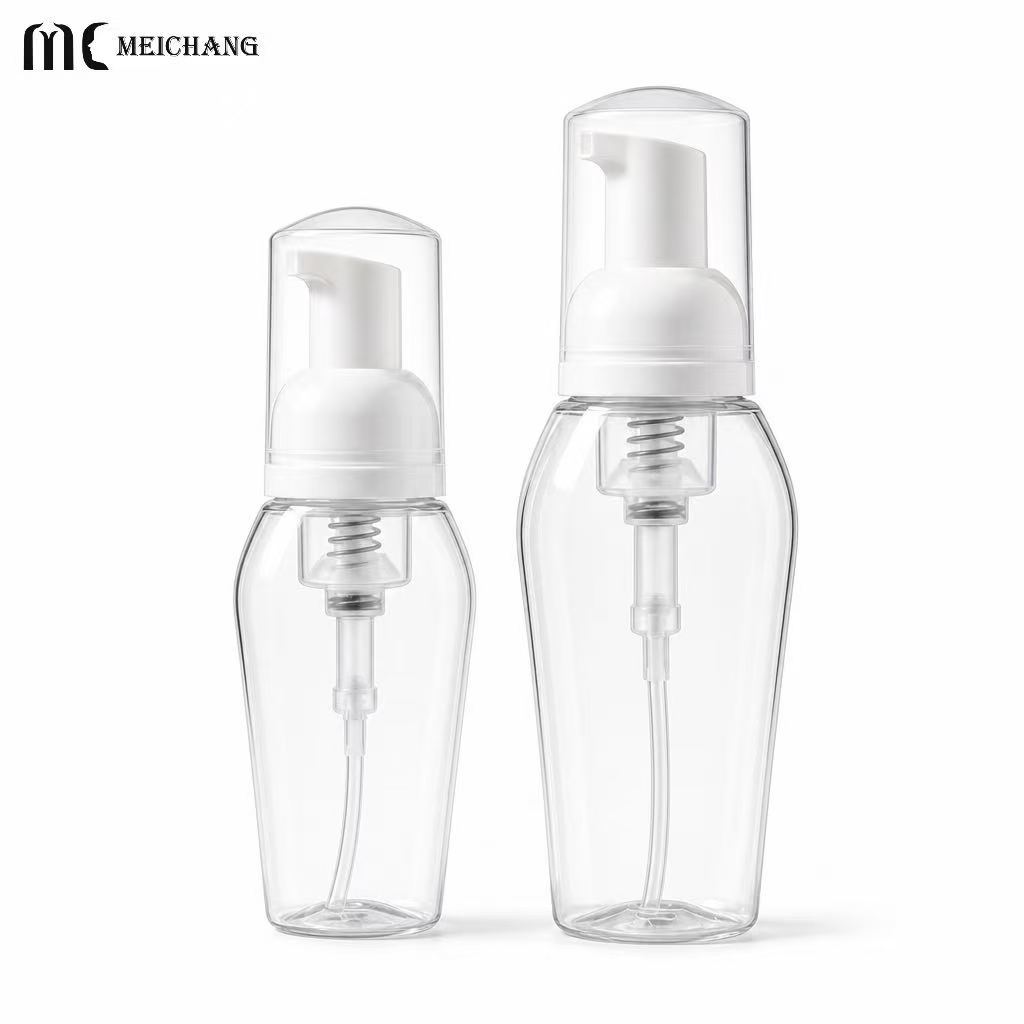 Custom PET Foaming Pump Bottle with Clear Protective Cap, 50ml & 80ml Special-Shaped Foam Pump Bottle（MC-1808）