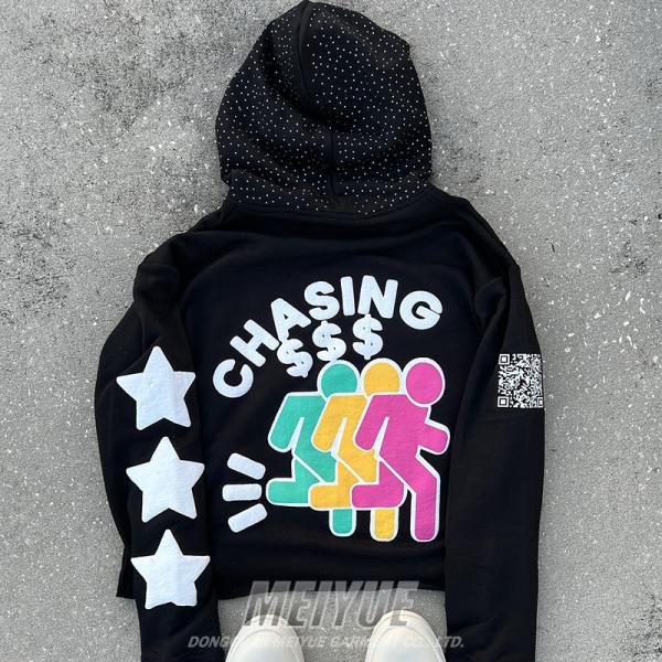 Custom Pullover Rhinestone Hoodies Cropped Puff Printing No Strings Hoodie Heavyweight Drop Shoulder Streetwear Cut and Sew